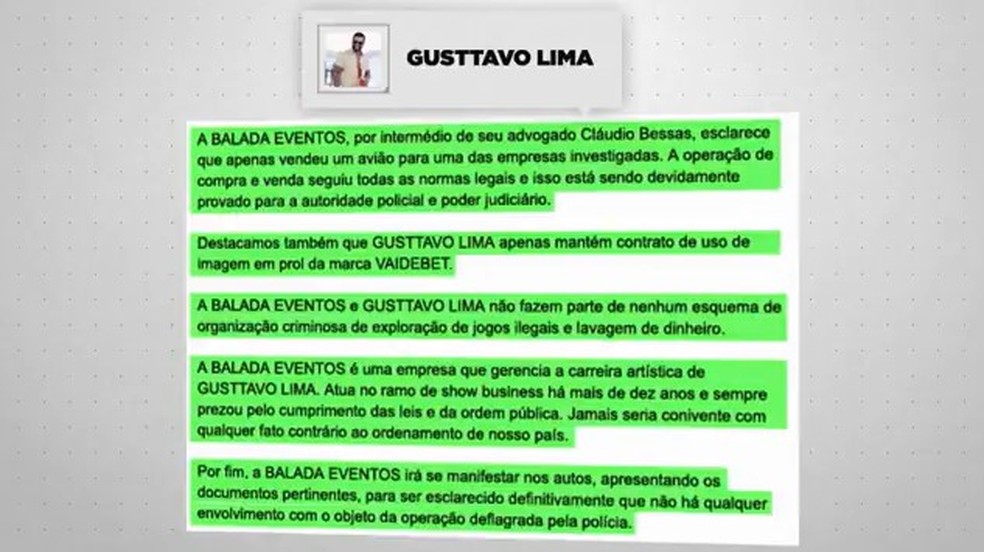 Defesa de Gusttavo Lima sobre reportagem do Fantástico — Foto: Reprodução Fantástico