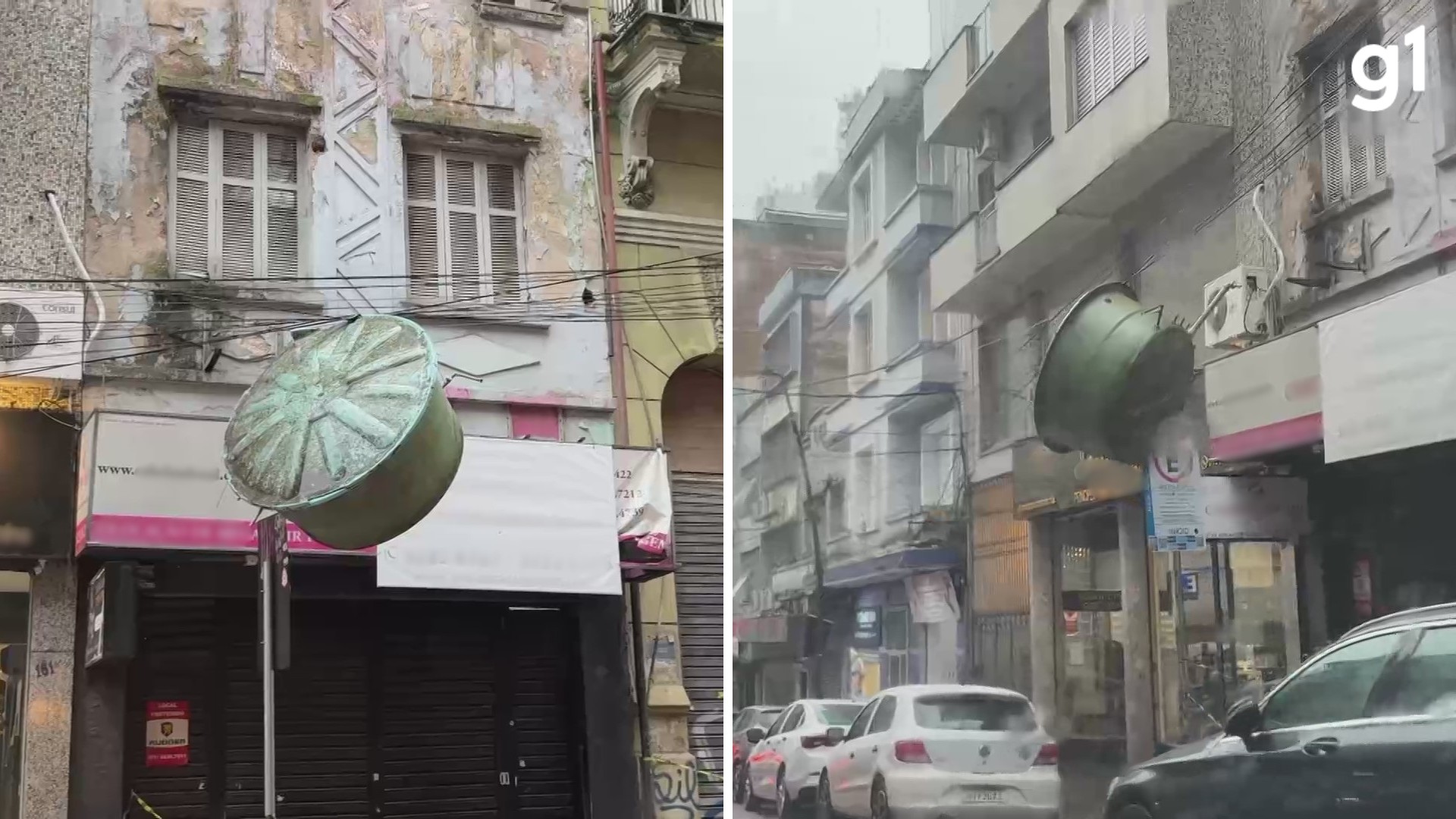 VÍDEO: Caixa d'água despenca de prédio abandonado e fica suspensa em fios no Centro de Porto Alegre após ventania