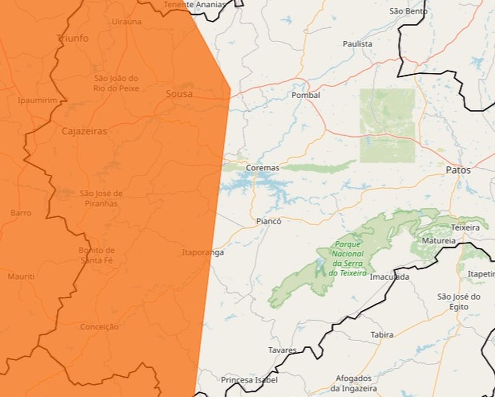 Alerta laranja Inmet para 39 cidades da Paraíba — Foto: Reprodução / Inmet
