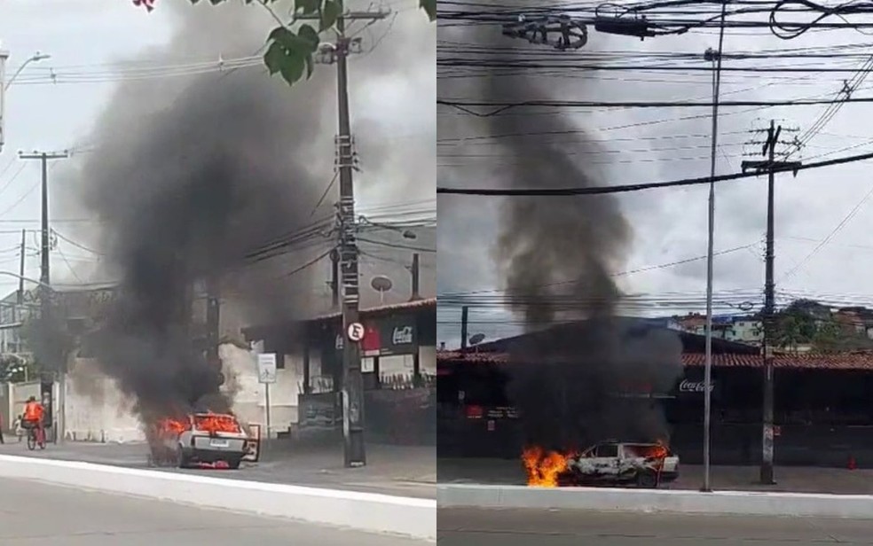 Carro pega fogo na Avenida Norte, no Recife, na manhã desta terça-feira (17) — Foto: Reprodução/WhatsApp