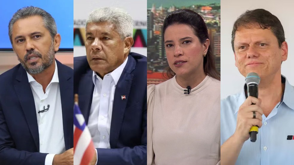 Elmano de Freitas (PT-CE), Jerônimo Rodrigues (PT-BA), Raquel Lyra (PSD-PE) e Tarcísio de Freitas (Republicanos-SP) — Foto: Fabiane de Paula/SVM; Wuiga Rubini/ Governo da Bahia; Reprodução/TV Globo; Pablo Jacob/Governo do Estado de SP