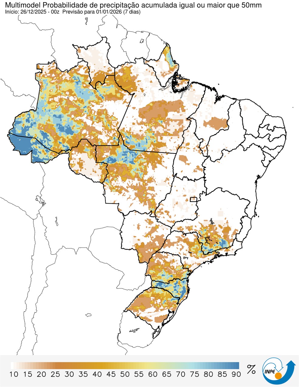 Mapa indica áreas com risco maior de chuva forte entre 26 de dezembro e 1º de janeiro. — Foto: CPTEC/Inpe