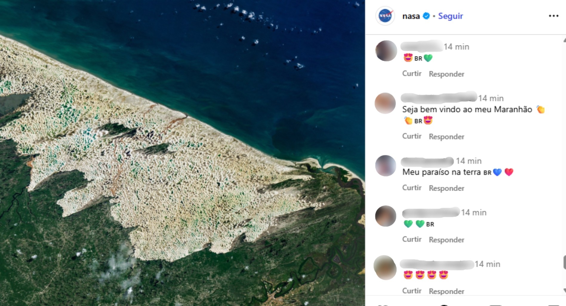 Brasileiros 'invadem' perfil da NASA após publicação sobre os Lençóis Maranhenses visto do espaço