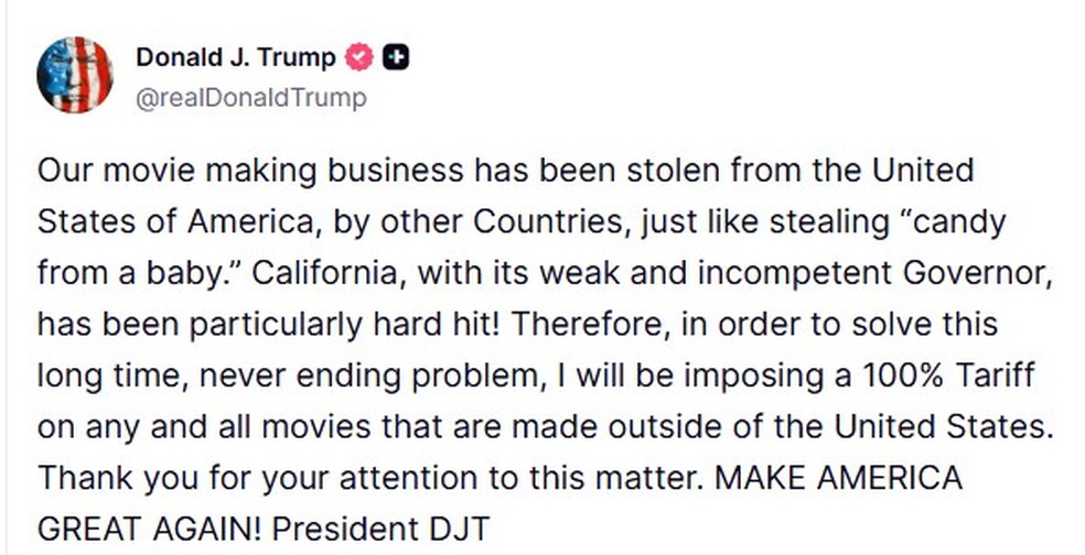 Trump diz que vai taxar em 100% todos os filmes feitos fora dos EUA — Foto: Reprodução/Truth