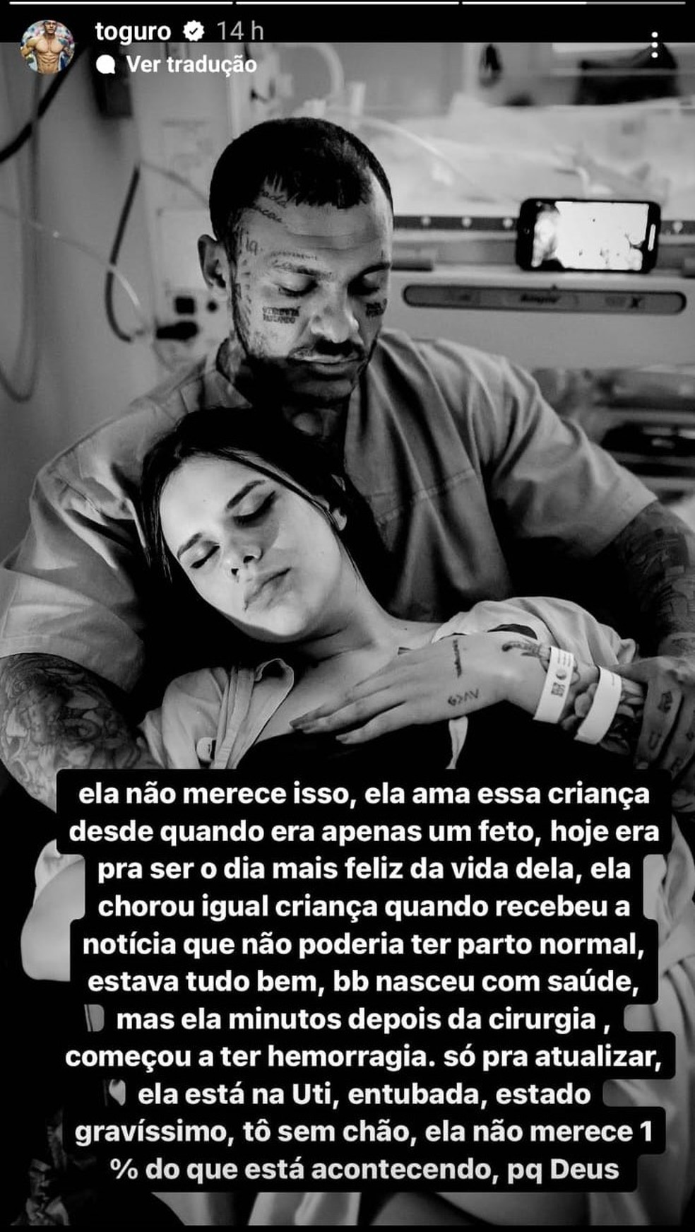 Tiago Toguro relata que companheira está em estado grave após parto. — Foto: Reprodução/Instagram