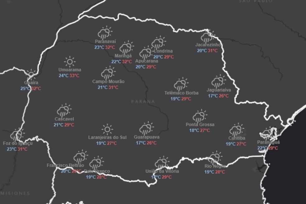 Previs&atilde;o do tempo para sexta-feira (9), no Paran&aacute;. &mdash; Foto: Reprodu&ccedil;&atilde;o/Simepar