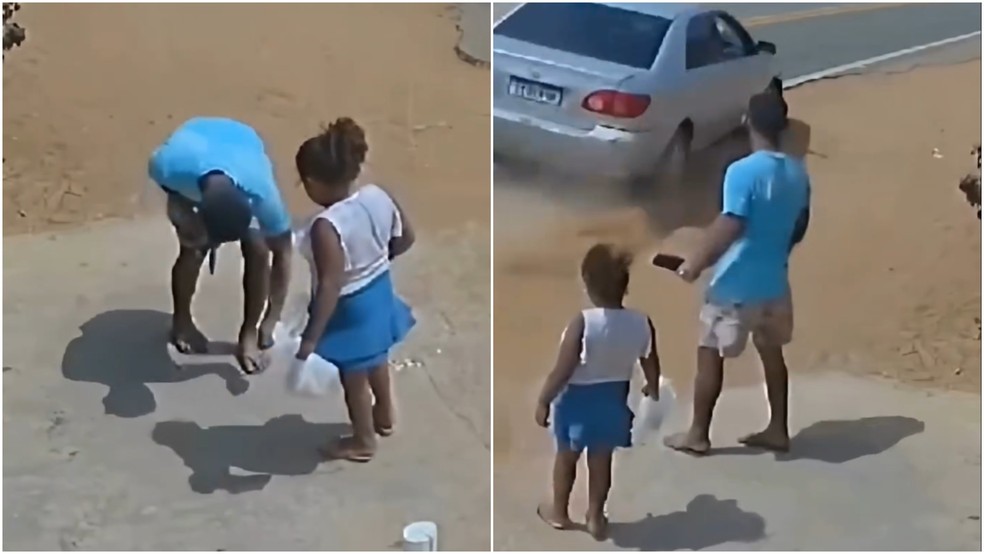 Pai e filha param para pegar moeda no chão e escapam de atropelamento — Foto: Reprodução