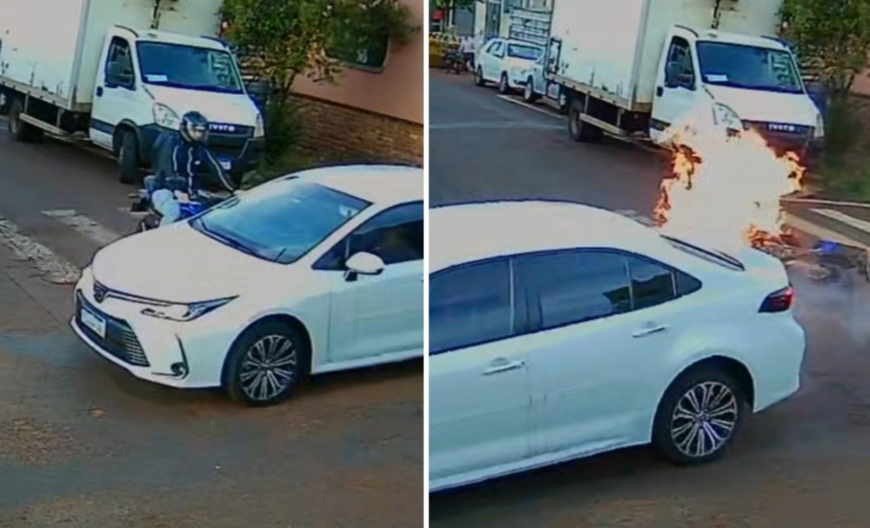 VÍDEO: motociclista 'voa' e moto explode após grave acidente com carro no interior de SP