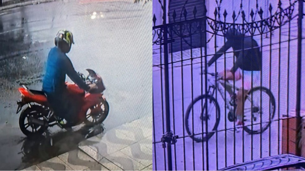 Suspeito de estupros chegando de moto e bicicleta em locais onde crimes foram cometidos. — Foto: Reprodução