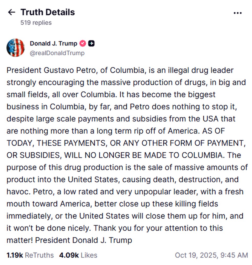 Publicação de Donald Trump sobre Gustavo Petro na rede social Truth Social neste domingo (19) — Foto: Reprodução