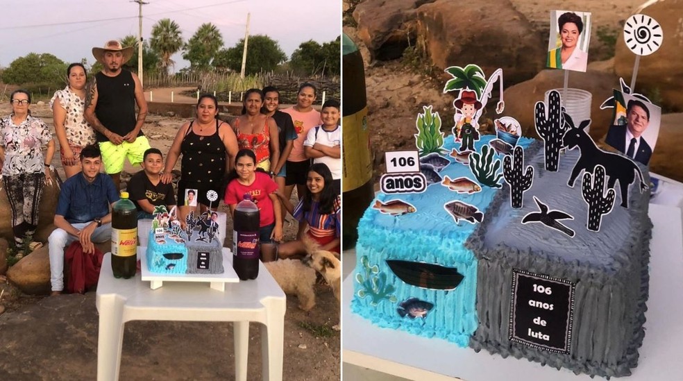 Moradores do distrito de São José das Lontras, em Ipueiras, prepararam bolo para celebrar obra que deveria ter iniciado há mais de um século. — Foto: Reprodução/TV Verdes Mares
