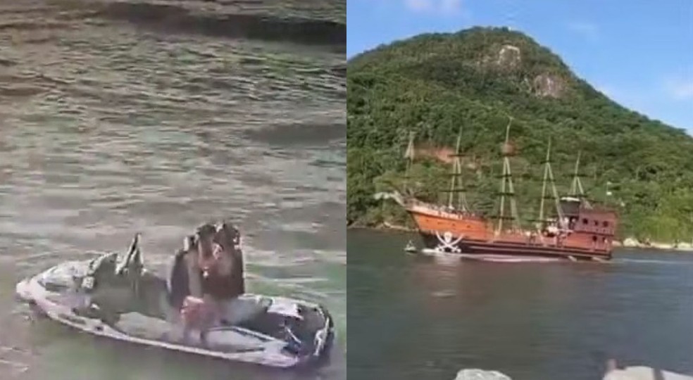 Casal se beijava em moto aquática quando foi atropelado por 'barco pirata' em Balneário Camboriú — Foto: NSC TV/Reprodução