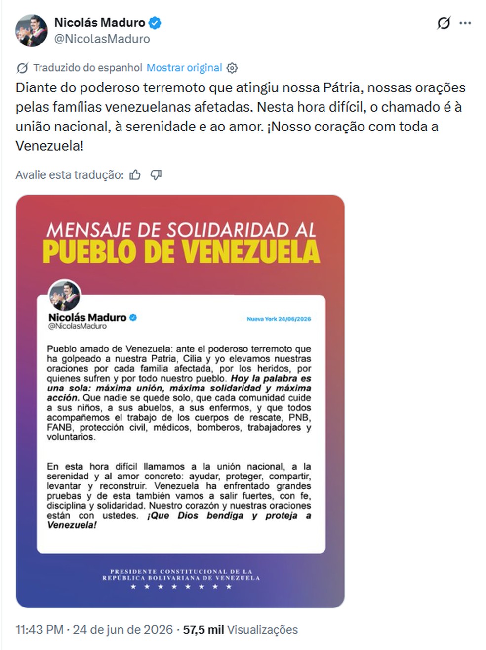 Mensagem de Nicolás Maduro sobre os terremotos desta quarta (24). — Foto: Reprodução / X
