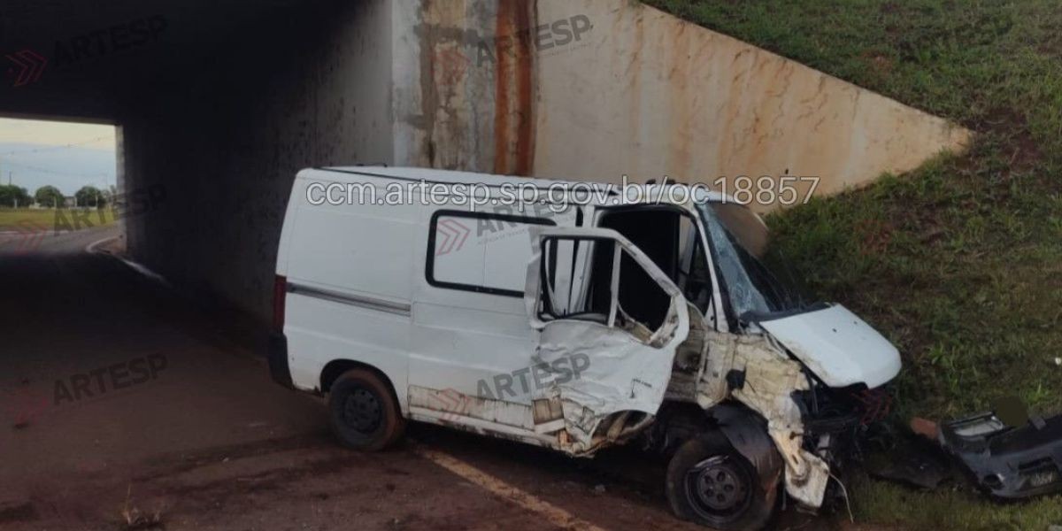 Van atinge placa e árvore após ser 'fechada' por caminhão em rodovia no interior de SP 