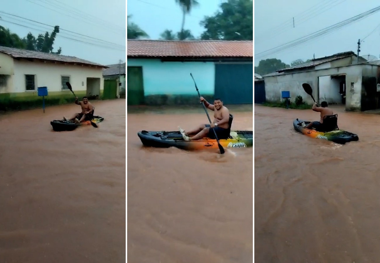 Homem usa caiaque para percorrer rua em cidade do Tocantins depois de forte chuva; VÍDEO