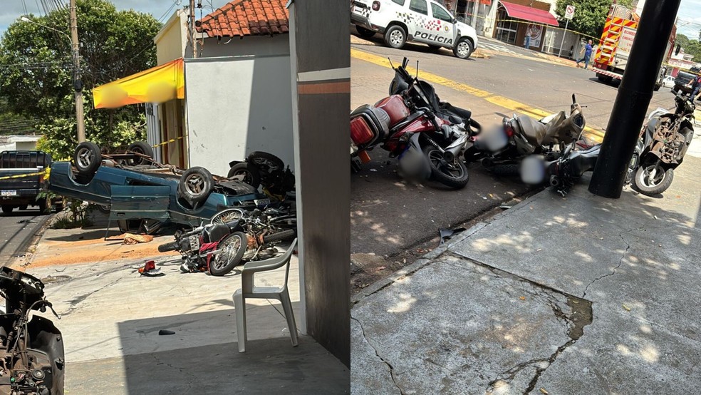 Motorista perde controle de picape e faz &lsquo;strike&rsquo; em motos estacionadas em Jales (SP) &mdash; Foto: Reprodu&ccedil;&atilde;o / Whatsapp