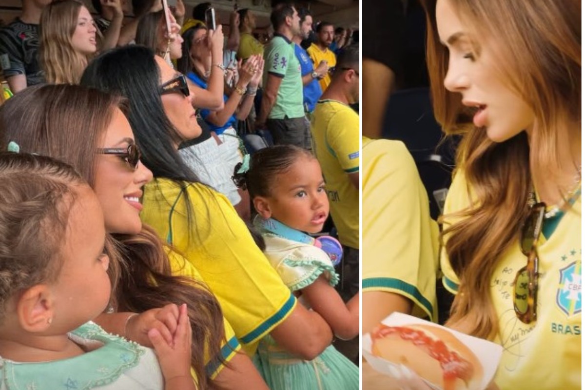Bruna Biancardi aparece com filhas e mostra hot dog durante vitória do Brasil sobre Japão; VÍDEO