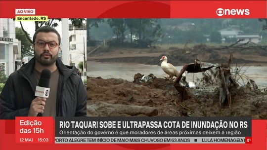 Rio Taquari sobe e ultrapassa cota de inundação no município de Encantado, no RS - Programa: Jornal GloboNews 