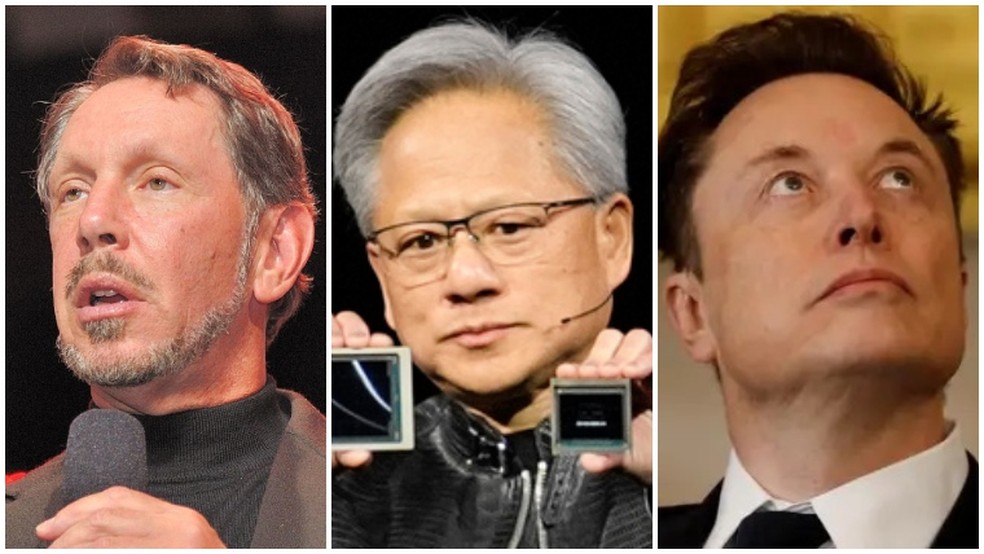 Larry Ellison, Jensen Huang e Elon Musk estão entre os bilionários que perderam dinheiro com onda da IA chinesa. — Foto: Reprodução