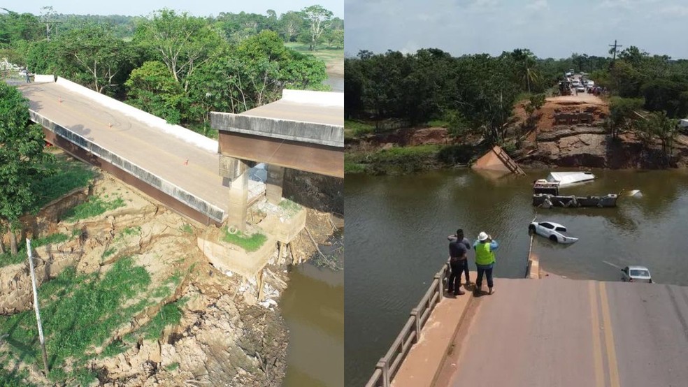 As pontes Autaz Mirim e sobre o Rio Curuçá desabaram na BR-319, no Amazonas — Foto: Associação de Amigos e Defensores da BR-319/Divulgação e Wiliam Duarte/Rede Amazônica