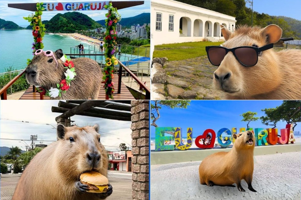 Prefeitura de Guarujá publicou montagens do animal pelos pontos turísticos da cidade — Foto: Prefeitura de Guarujá/Divulgação