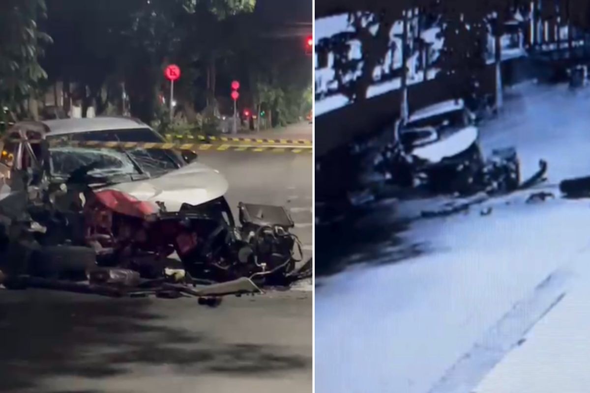 Motorista bate em poste e abandona carro destruído com vazamento de óleo no litoral de SP; VEJA