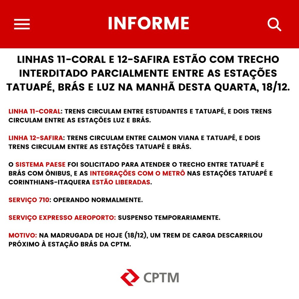 Comunicado da CPTM sobre a operação nas Linhas 11-Coral e 12-Safira na manhã desta quarta-feira (18). — Foto: Reprodução/Redes Sociais