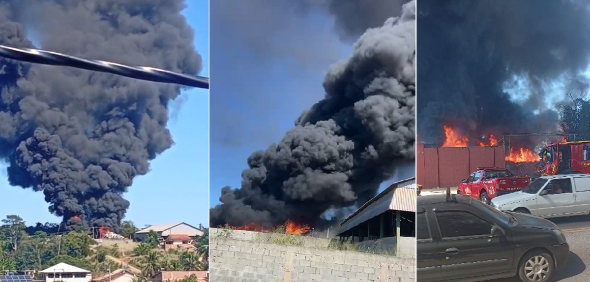 Galpão de reciclagem pega fogo e levanta torre de fumaça em Saquarema; VÍDEO 