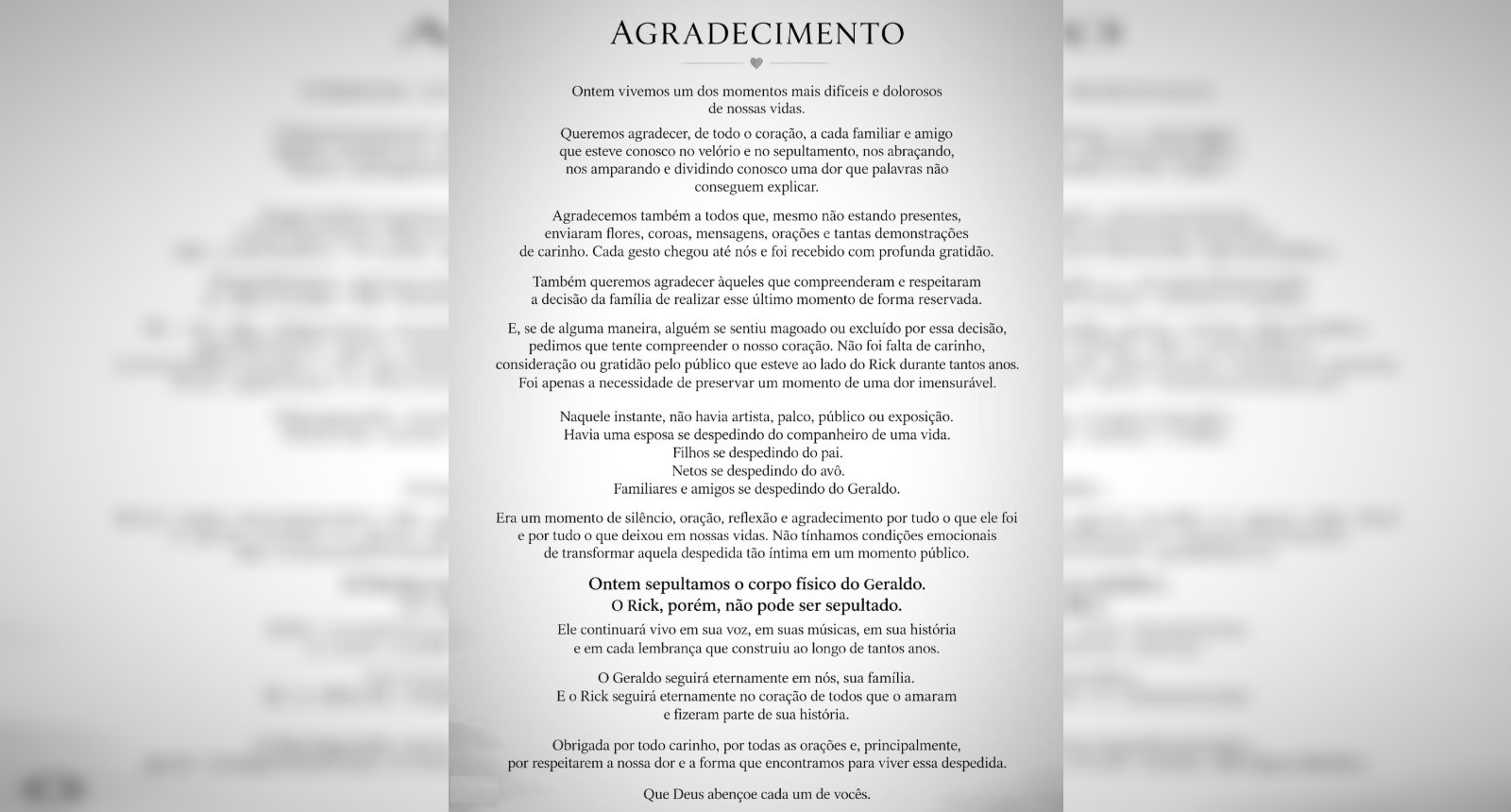 Viúva do cantor Rick publica carta para agradecer carinho de fãs, amigos e parentes durante luto: 'Seguirá eternamente no coração de todos'