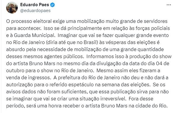 Eduardo Paes diz que não dará autorização para show de Bruno Mars no Rio devido à proximidade com eleições
