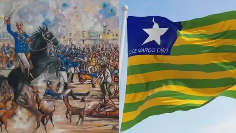 Por que o 13 de março, data da Batalha do Jenipapo, homenageado na bandeira do Piauí, não é feriado — Foto: Batalha do Jenipapo (Paulo Gaspar)/ Bandeira do Piauí (reprodução)