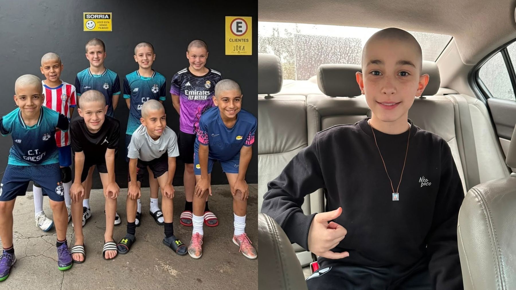 Colegas de time raspam a cabeça para apoiar menino de 10 anos com câncer e revelam surpresa por chamada de vídeo: ‘Nos deram muita força’