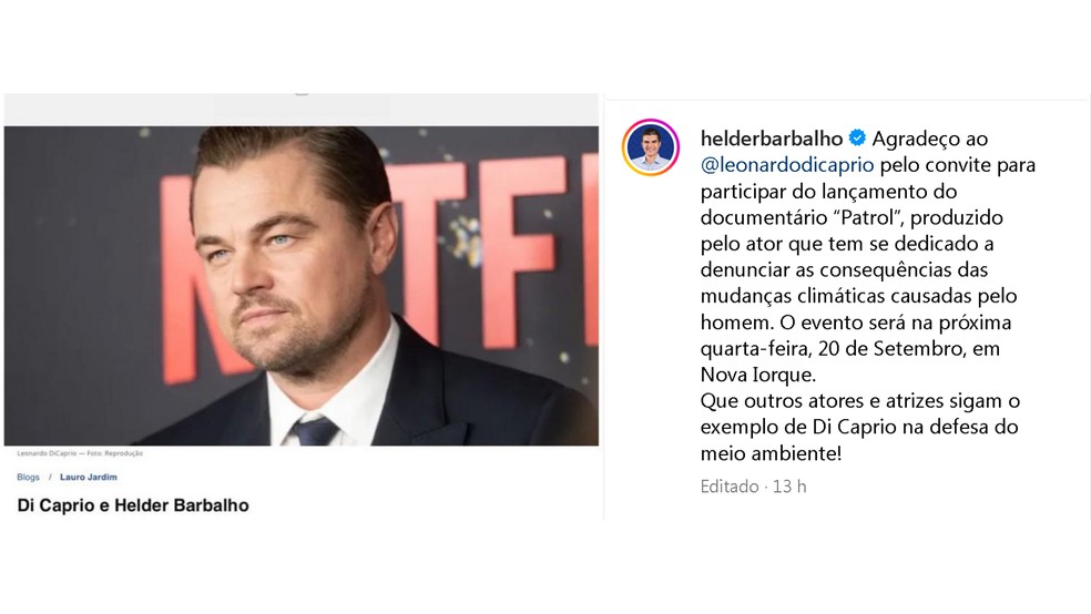 Helder Barbalho anuncia e agradece convite de DiCaprio para estreia de documentário. — Foto: Reprodução / Redes sociais