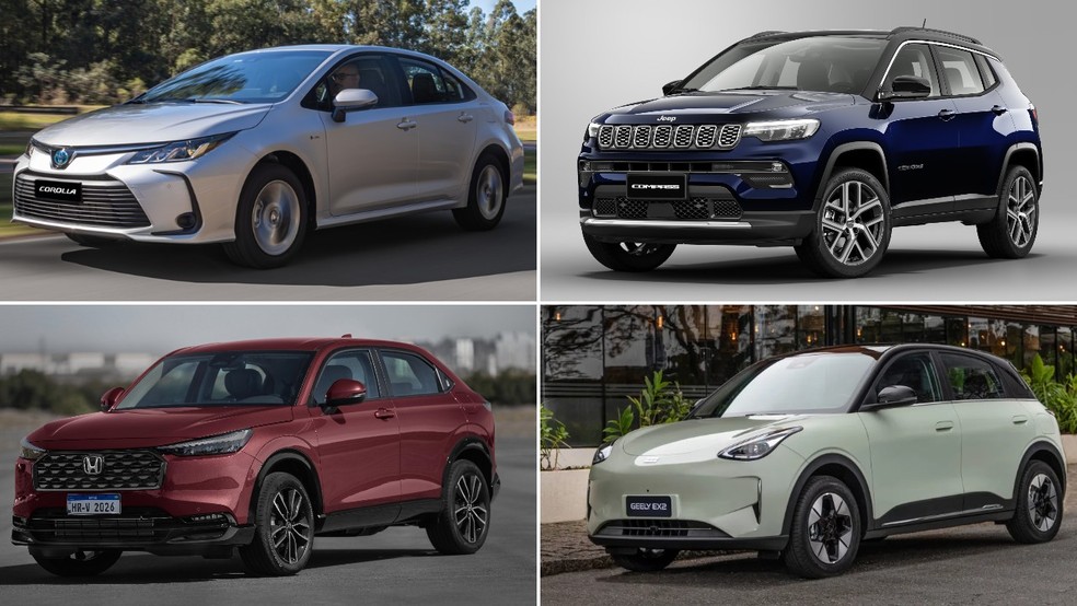 Carros chineses e descontos em carros novos derrubam preços de usados. — Foto: Divulgação / Toyota, Honda, Jeep e Geely