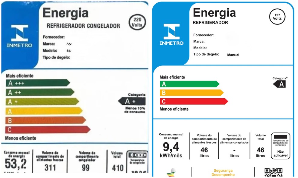 ANTES E DEPOIS: selo do Inmetro atual (� esquerda) com a classifica��o que muda em 2026 para o selo novo, � direita. � Foto: Reprodu��o