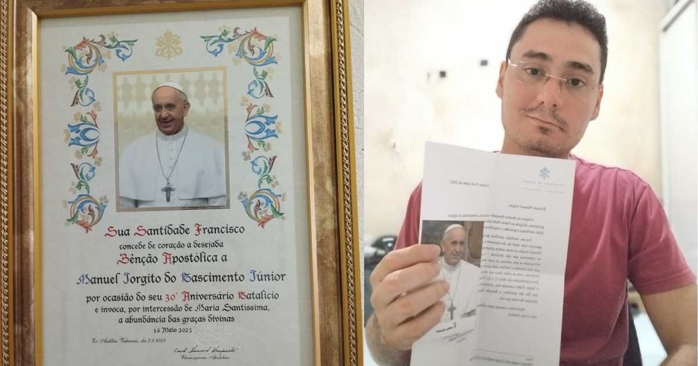Além da bênção apostólica, Manuel Jorgito agora vai emoldurar a carta papal — Foto: Arquivo pessoal