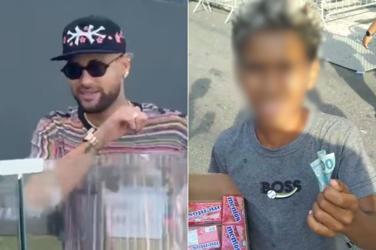 Neymar paga R$ 100 por cinco balas de menino na frente da Vila Belmiro; VÍDEO