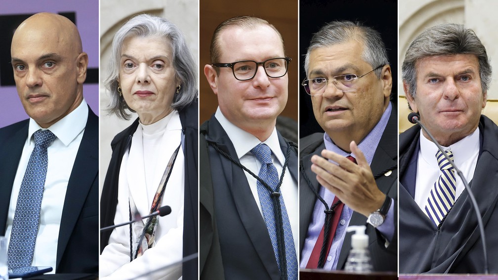 Alexandre de Moraes, Cármen Lúcia, Cristiano Zanin, Flávio Dino e Luiz Fux: ministros da 1ª turma do STF responsáveis pelo julgamento do ex-presidente Jair Bolsonaro e outros sete acusados — Foto: Rosinei Coutinho/STF; Gustavo Moreno/STF; Antonio Augusto/STF; Felipe Sampaio/STF