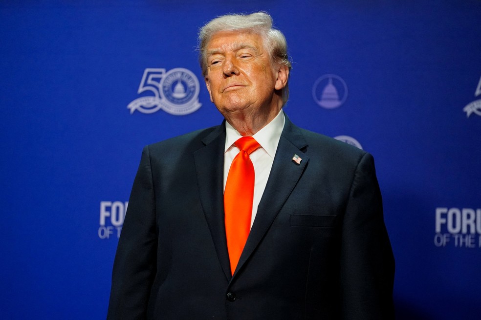 O presidente dos EUA, Donald Trump,  participa de um evento na Flórida, EUA, em 1º de maio de 2026. — Foto: REUTERS/Nathan Howard