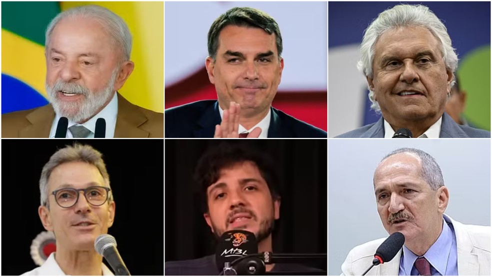 Os pré-candidatos à Presidência da República: Lula (PT), Flávio Bolsonaro (PL), Ronaldo Caiado (PSD), Romeu Zema (Novo), Renan Santos (Missão) e Aldo Rebelo (DC) — Foto: Ricardo Stuckert/PR, Daniel Cole/Reuters, Roberto Sungi/Ato Press/Estadão Conteúdo, Cristiano Machado/Imprensa MG, YouTube/Reprodução e Sistema FIEMA/Divulgação