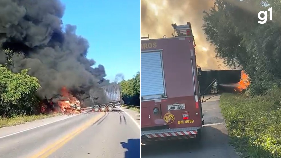 Acidente entre dois caminhões causa incêndio na BR-392 no Sul do RS — Foto: Jeferson dos Santos/Arquivo Pessoal
