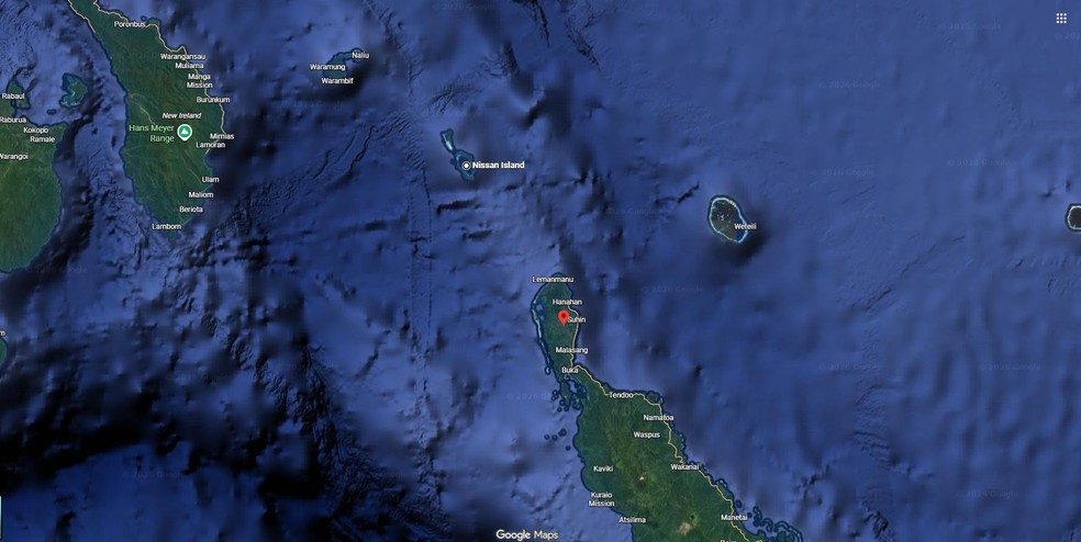Distância entre as ilhas de Nissan e Buka, na Papua-Nova Guiné. — Foto: Reprodução/Google Maps