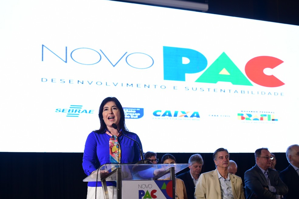 Ministra do Planejamento, Simone Tebet, discursa em evento de lançamento regional do novo PAC em Mato Grosso do Sul — Foto: Reprodução