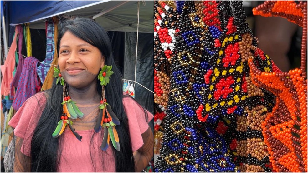 Dorilene Rodrigues Guajajara, da Associação das Mulheres Indígenas da Aldeia Juçaral, levou à Brasília o artesanato com miçangas do Maranhão — Foto: Rafael Cardoso/g1 Maranhão