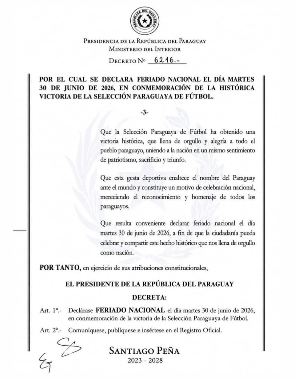 Decreto de Santiago Peña decreta feriado nacional no Paraguai após seleção passar pela Alemanha — Foto: Reprodução