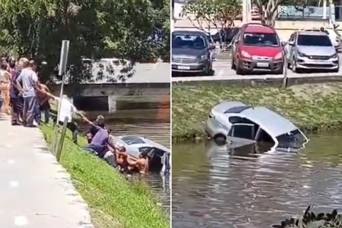 Taxista resgata mulher após carro cair em rio em Araruama