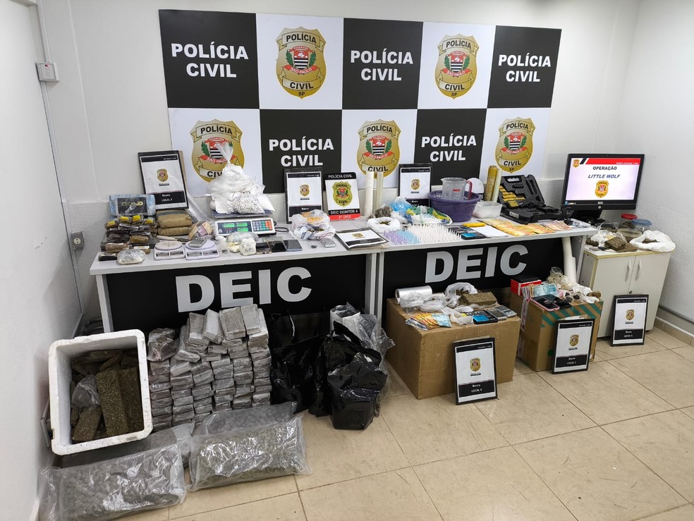 1 de 2
A Pol&iacute;cia Civil de Bauru (SP) deflagrou nesta sexta-feira (29) a Opera&ccedil;&atilde;o &ldquo;Little Wolf&rdquo;, com o objetivo de desarticular um grupo criminoso envolvido com o tr&aacute;fico de drogas na cidade &mdash; Foto: Pol&iacute;cia Civil