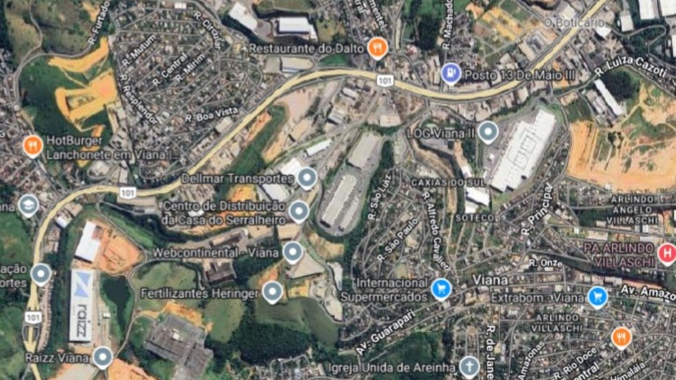 Vista aérea da BR-101, em Viana, no Espírito Santo, onde várias empresas de logísticas ficam instaladas — Foto: Reprodução/Google Maps