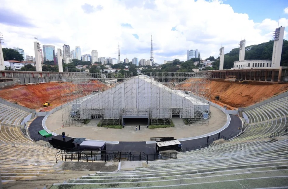 Obra no estádio do Pacaembu, na Zona Oeste de São PAulo, administrado pela concessionária Allegra Pacaembu. — Foto: Marcos Ribolli