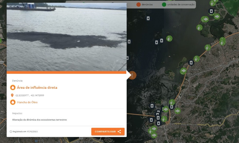 Denúncias ficam disponíveis em um mapa online que pode ser acessado por qualquer pessoa — Foto: Reprodução/De Olho na Guanabara